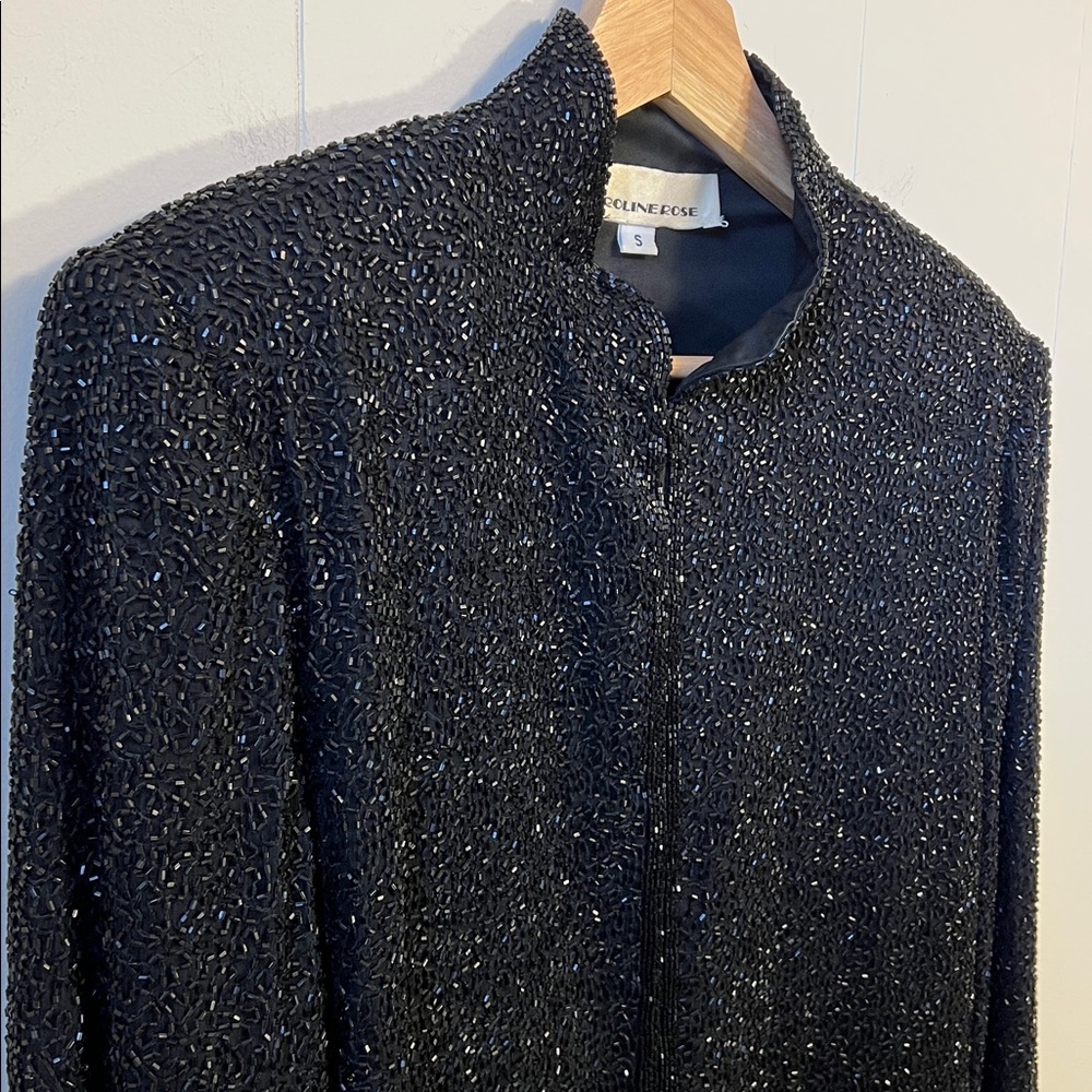 Vintage Caroline Rose Black Silk Beaded Long Sleeve Evening Cocktail Jacket S
